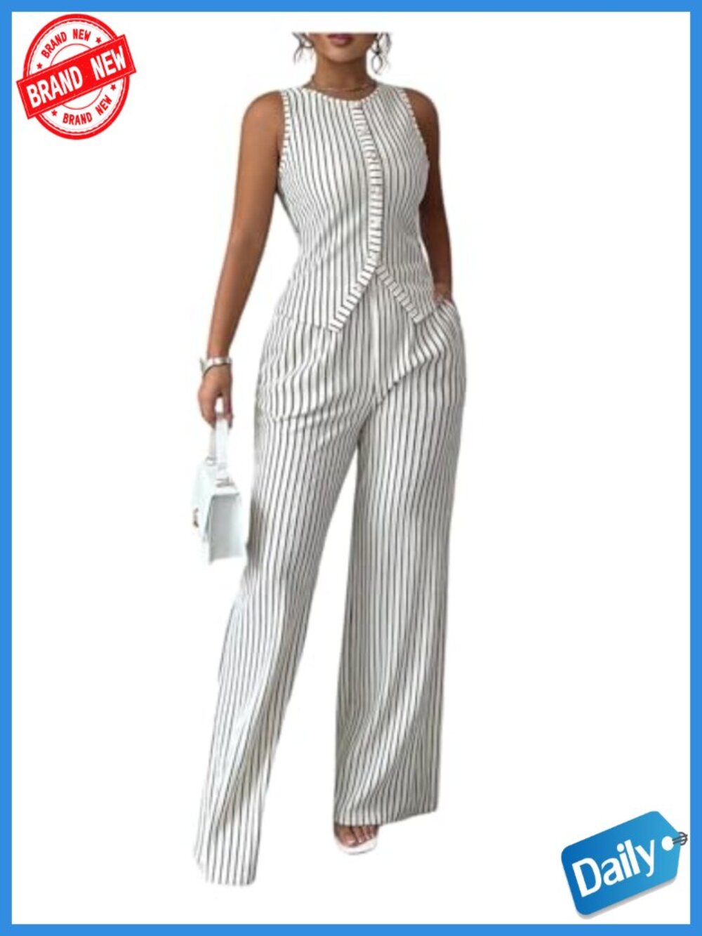 Women's 2 Piece Business Casual Outfit Striped Sleeveless Tank Top with Pants